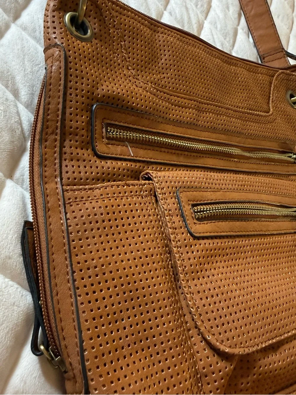 GAL Cognac Brown Faux Leather Perforated Multi Pocket Crossbody Bag Purse